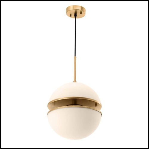 Hanging Lamp with structure in antique brass finish and white glass 24-Sphericals Single
