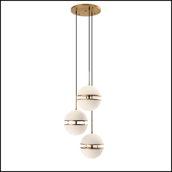 Hanging Lamp triple with structure in antique brass finish and white glass 24-Sphericals Triple