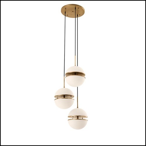 Hanging Lamp triple with structure in antique brass finish and white glass 24-Sphericals Triple