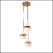 Hanging Lamp triple with structure in antique brass finish and white glass 24-Sphericals Triple