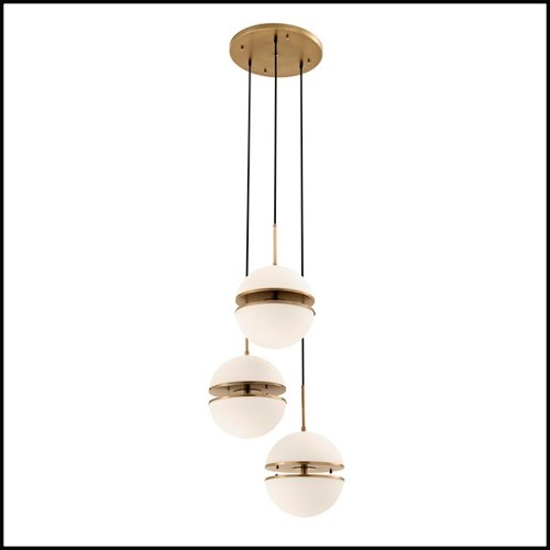 Hanging Lamp triple with structure in antique brass finish and white glass 24-Sphericals Triple