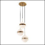 Hanging Lamp triple with structure in antique brass finish and white glass 24-Sphericals Triple