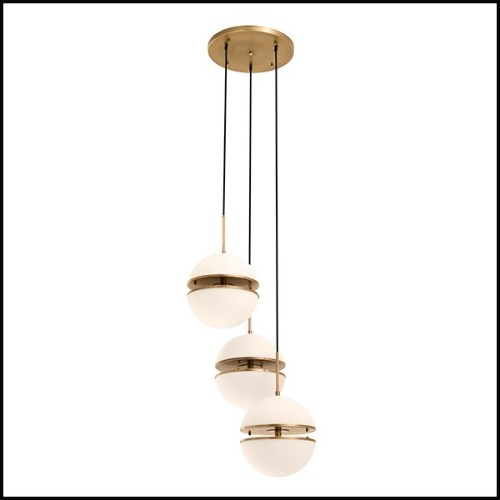 Suspension triple avec structure finition laiton antique et verre blanc 24-Sphericals Triple
