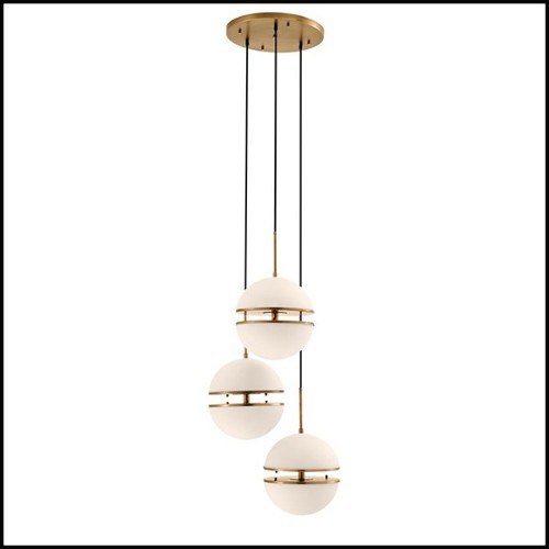 Hanging Lamp triple with structure in antique brass finish and white glass 24-Sphericals Triple