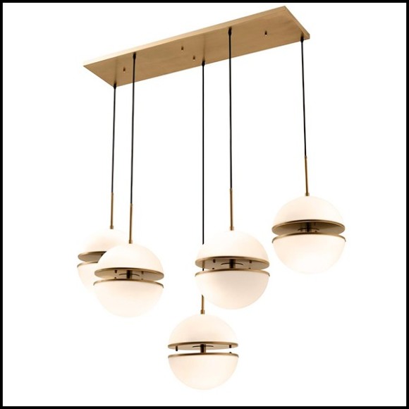 Hanging lamp with structure in antique brass finish and five light with white glass 24-Sphericals Five