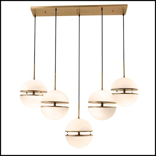 Hanging lamp with structure in antique brass finish and five light with white glass 24-Sphericals Five