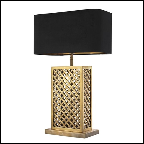 Table lamp with structure in vintage brass finish and black velvet lampshade 24-Opera squared
