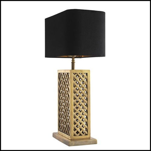 Table lamp with structure in vintage brass finish and black velvet lampshade 24-Opera squared