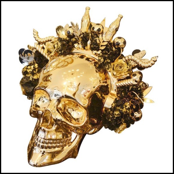 Sculpture skull made in marble dust resin and chromed in gold finish PC-Skull Golden Youth