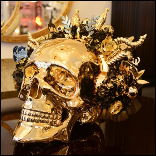 Sculpture crâne réalisé en résine de poussière de marbre et chromée finition Gold PC-Skull Golden Youth