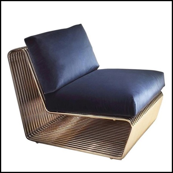 Fauteuil revêtu en velours bleu et avec structure de base en acier inoxydable poli finition Gold 150-Alina