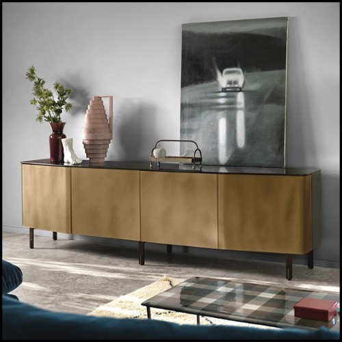 Sideboard with structure in lacquered wood and doors in curved acid-etched glass in gold brown finish 146-Flat Glass