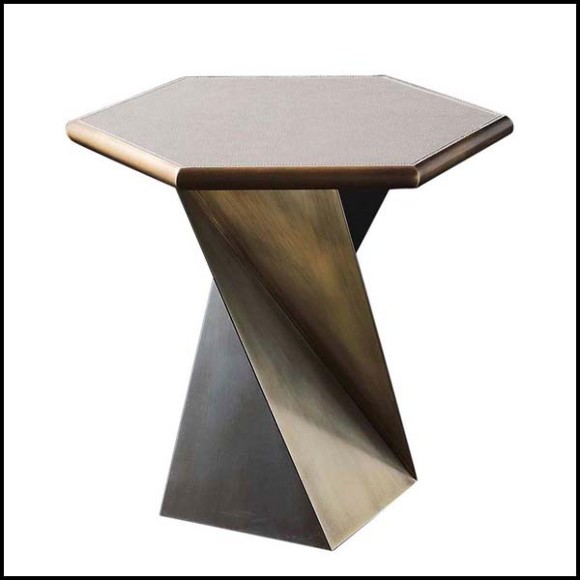 Table d'appoint avec base et structure en bronze massif et plateau recouvert de cuir véritable naturel ou en marbre 150-Transfer