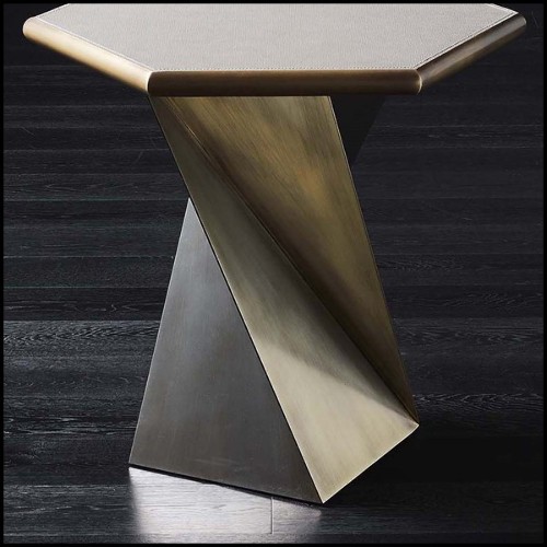 Table d'appoint avec base et structure en bronze massif et plateau recouvert de cuir véritable naturel ou en marbre 150-Transfer