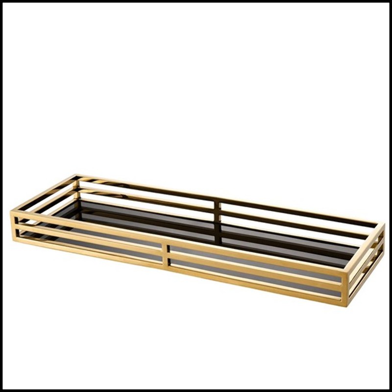 Tray with structure in stainless steel with gold finish and black mirror glass 24-Fencing Tray