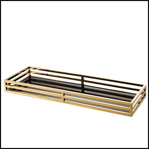 Tray with structure in stainless steel with gold finish and black mirror glass 24-Fencing Tray
