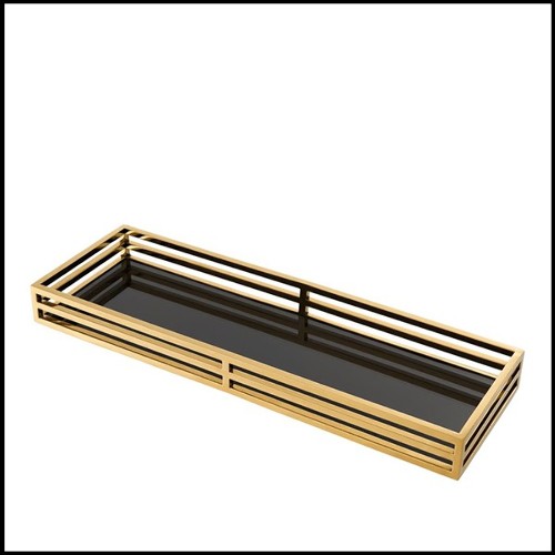 Tray with structure in stainless steel with gold finish and black mirror glass 24-Fencing Tray