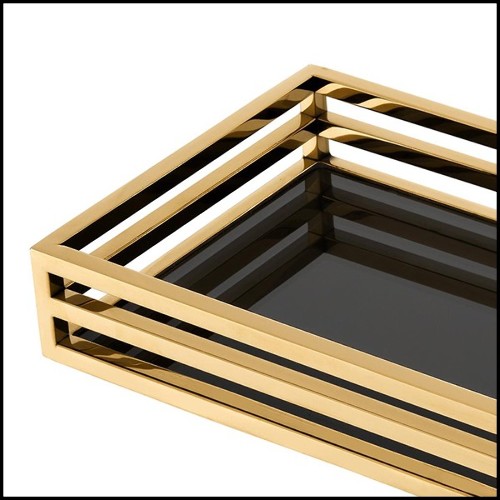 Tray with structure in stainless steel with gold finish and black mirror glass 24-Fencing Tray