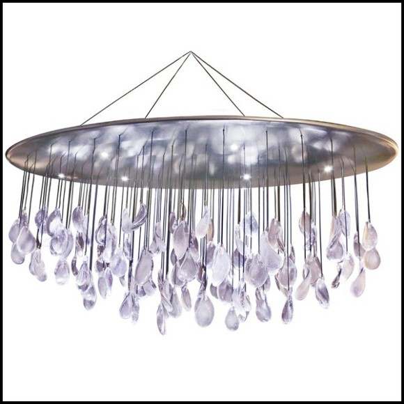 Suspension avec plateau en acier peint à la main avec feuilles d'argent et pendentifs en cristal de baccarat PC-Baccarat Rain