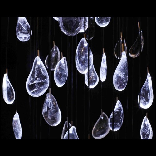 Suspension avec plateau en acier peint à la main avec feuilles d'argent et pendentifs en cristal de baccarat PC-Baccarat Rain