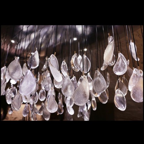 Suspension avec plateau en acier peint à la main avec feuilles d'argent et pendentifs en cristal de baccarat PC-Baccarat Rain