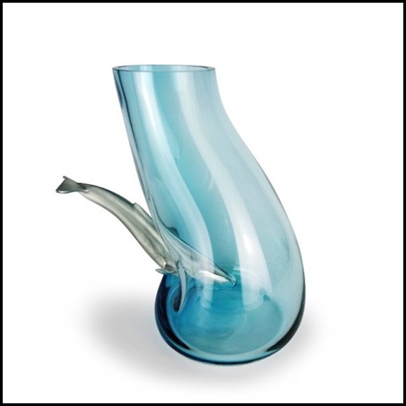 Vase made in handblown blue glass with a diving whale in polished aluminium through the glass 104-Diving Whale Blue