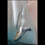 Vase made in handblown blue glass with a diving whale in polished aluminium through the glass 104-Diving Whale Blue