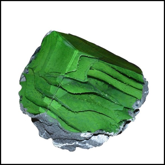 Sculpture made with glass paste colored with pigments in green powder and casted on a raw stone base PC-Glass Alchemy Green