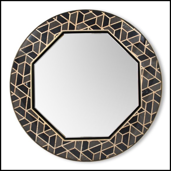 Mirror with hexagonal frame made with lacquered blackened solid wood polished brass structure and marble pieces 169-Turtle