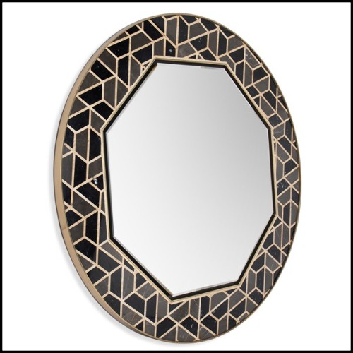 Miroir avec cadre hexagonal en bois massif noirci laqué avec structure en laiton poli et morceaux de marbre 169-Turtle