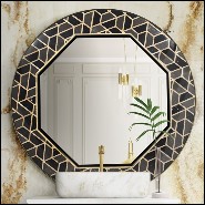 Miroir avec cadre hexagonal en bois massif noirci laqué avec structure en laiton poli et morceaux de marbre 169-Turtle