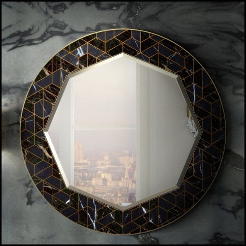 Miroir avec cadre hexagonal en bois massif noirci laqué avec structure en laiton poli et morceaux de marbre 169-Turtle
