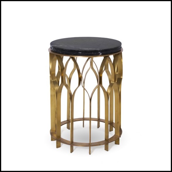 Round side table with brushed aged brass structure and marble Nero Marquina top 155-Arcade