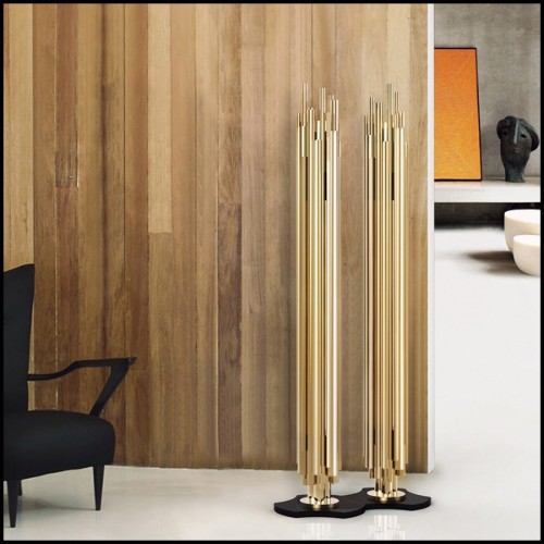 Floor lamp with gold-plated polished solid brass tubes on matte black finish steel base 151-Brass Tubes