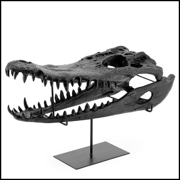 Sculpture with structure in resin in black finish on black finish metal base 162-Croco Skull