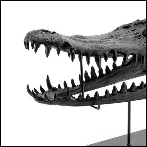 Sculpture with structure in resin in black finish on black finish metal base 162-Croco Skull