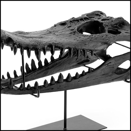 Sculpture with structure in resin in black finish on black finish metal base 162-Croco Skull