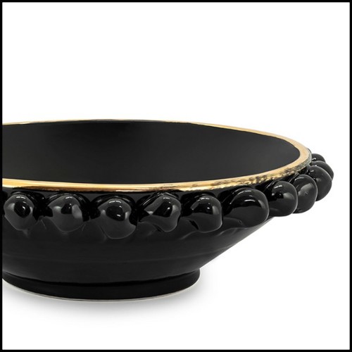 Bol finition noire avec structure en céramique émaillée à la main et bordure peinte avec de l'or pur 162-Pin Ceramic