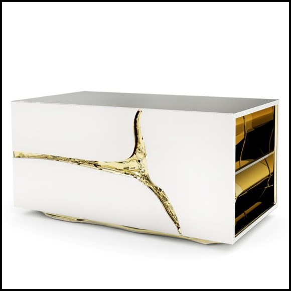 Nightstand or side table with poplar root veneer structure inside and covered with polished stainless steel 145-Paradise