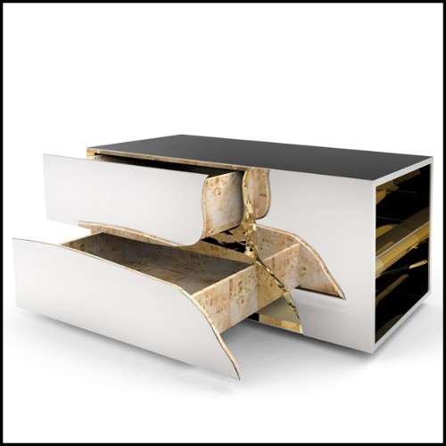 Nightstand or side table with poplar root veneer structure inside and covered with polished stainless steel 145-Paradise