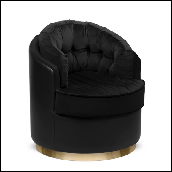 Fauteuil avec structure en bois massif recouvert de velours noir et de cuir véritable noir 164-Tempo