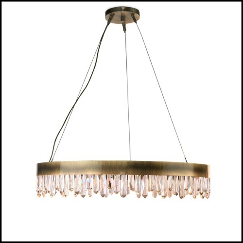 Chandelier with structure in solid brass in antique brushed finish and with carved quartz crystal sticks 155-Crystal Sticks