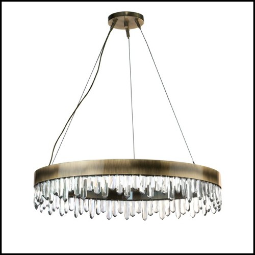 Chandelier with structure in solid brass in antique brushed finish and with carved quartz crystal sticks 155-Crystal Sticks
