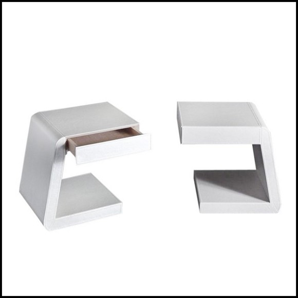 Side table with structure in solid wood and covered with high quality genuine white leather 150-Extand