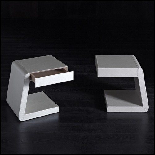 Side table with structure in solid wood and covered with high quality genuine white leather 150-Extand