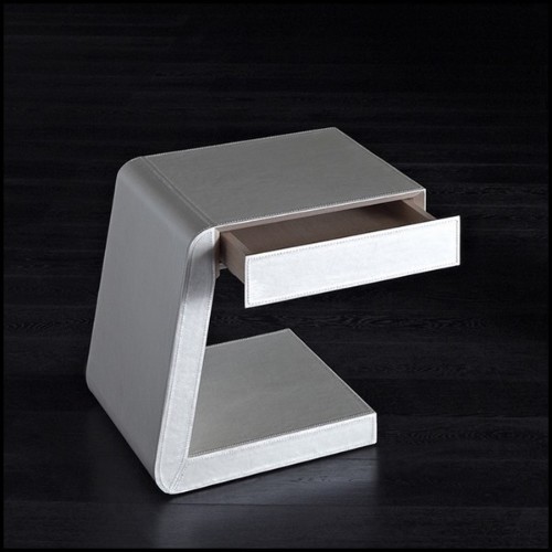 Side table with structure in solid wood and covered with high quality genuine white leather 150-Extand