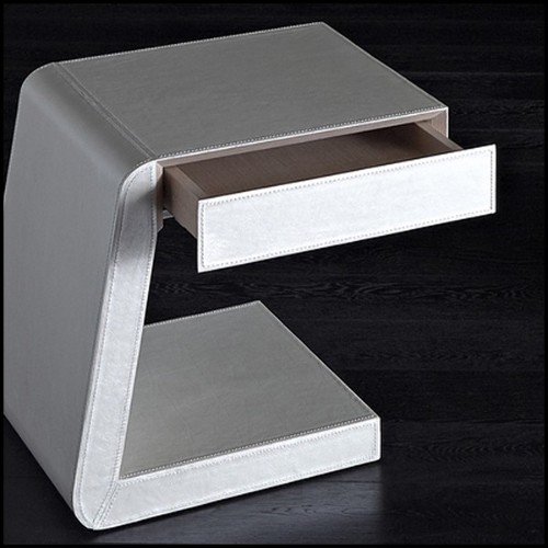 Side table with structure in solid wood and covered with high quality genuine white leather 150-Extand