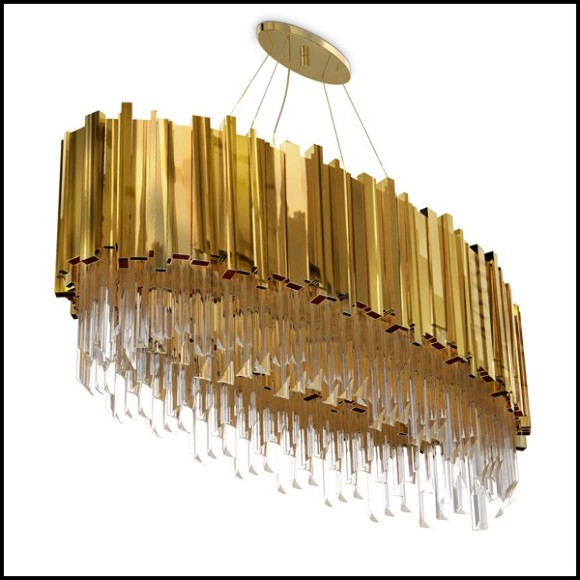 Chandelier with crystal glass pendants and big ring of gold plated polished brass 164-Ambassador Oval