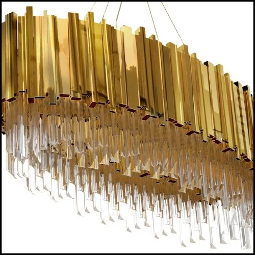 Chandelier with crystal glass pendants and big ring of gold plated polished brass 164-Ambassador Oval