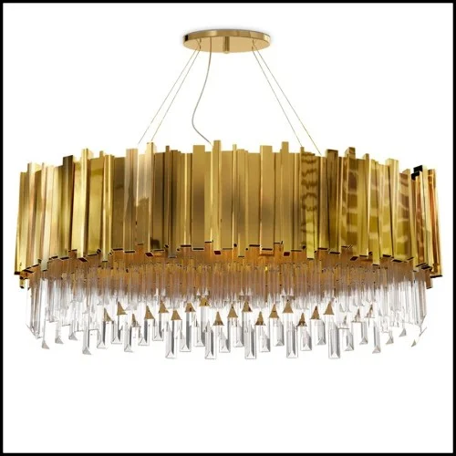 Chandelier with crystal glass pendants and big ring of gold plated polished brass 164-Ambassador Oval